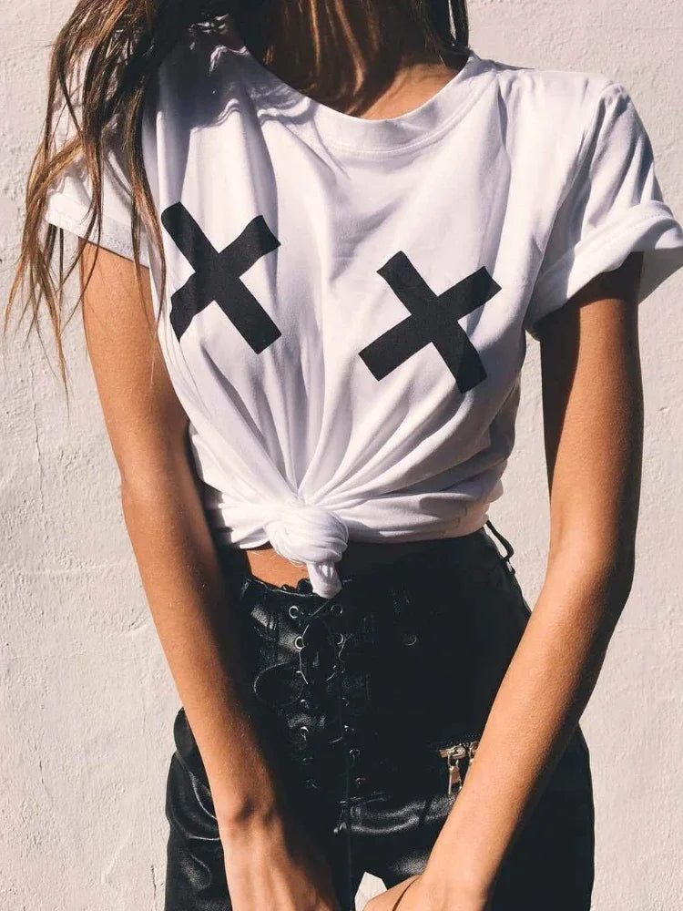 the X MARKS THE SPOT - Funny Breast Heart Print T-Shirt, Women Short Sleeve O-Neck Loose T-Shirt, Summer Ladies Tee Shirt Tops Clothes