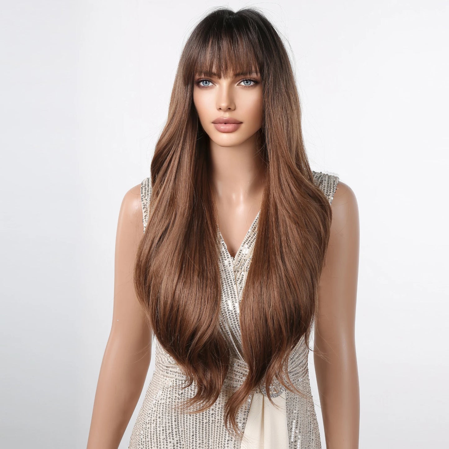 the MADELEINE - Ombre Honey Brown Synthetic Hair Wigs, Long Natural Body Wavy Wig with Bangs, Realistic Daily Party Soft Wig Heat Resistant Fiber