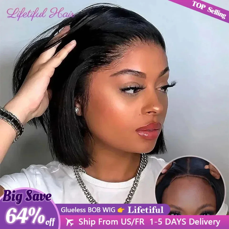 the CLEO - Glueless Bob Hair Wig, Human Hair Ready to Wear Straight Transparent 4x4 Lace Closure Wigs for Women, Glueless Wigs Human Hair