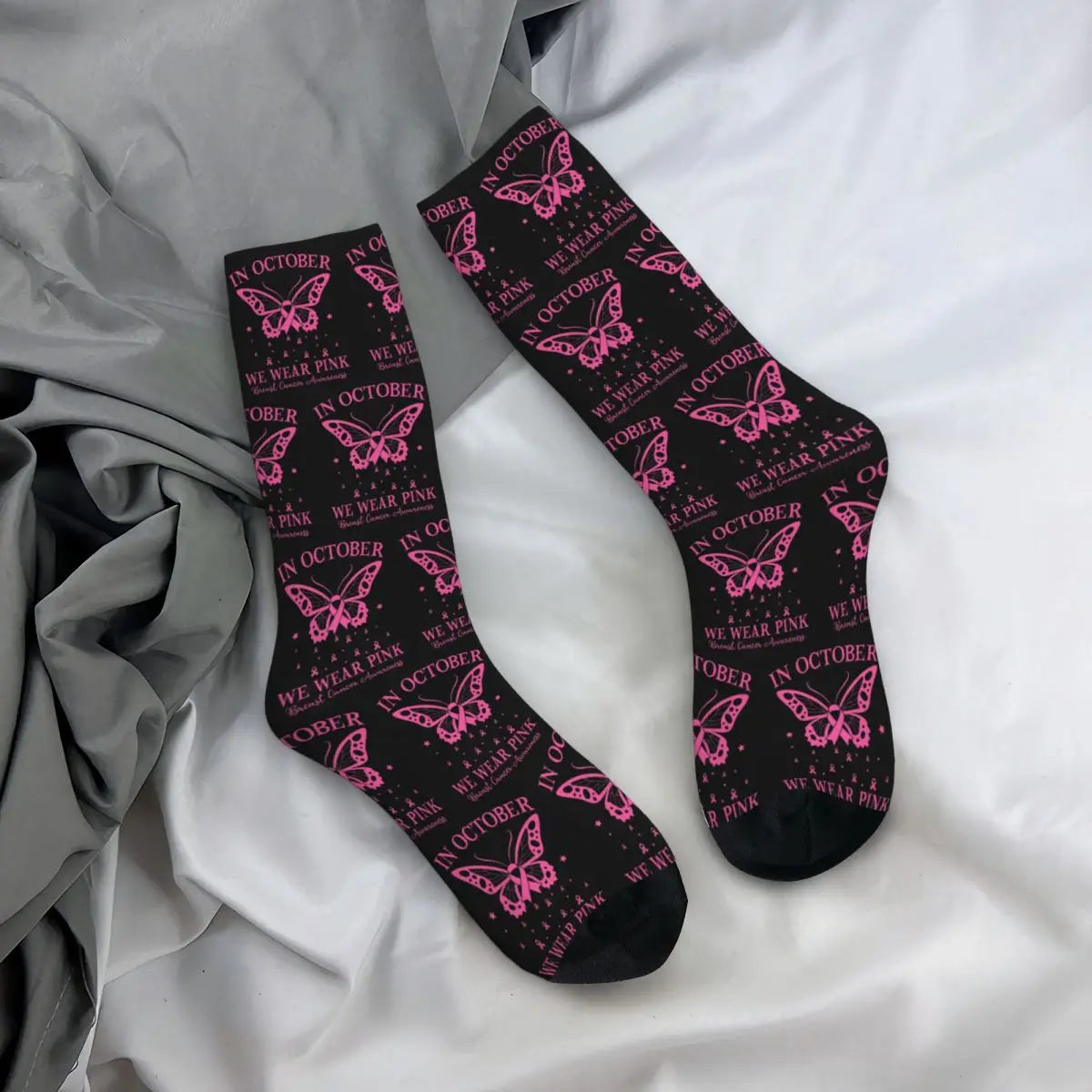 the IN OCTOBER - In October We Wear Pink Butterfly Breast Cancer Awareness Socks
