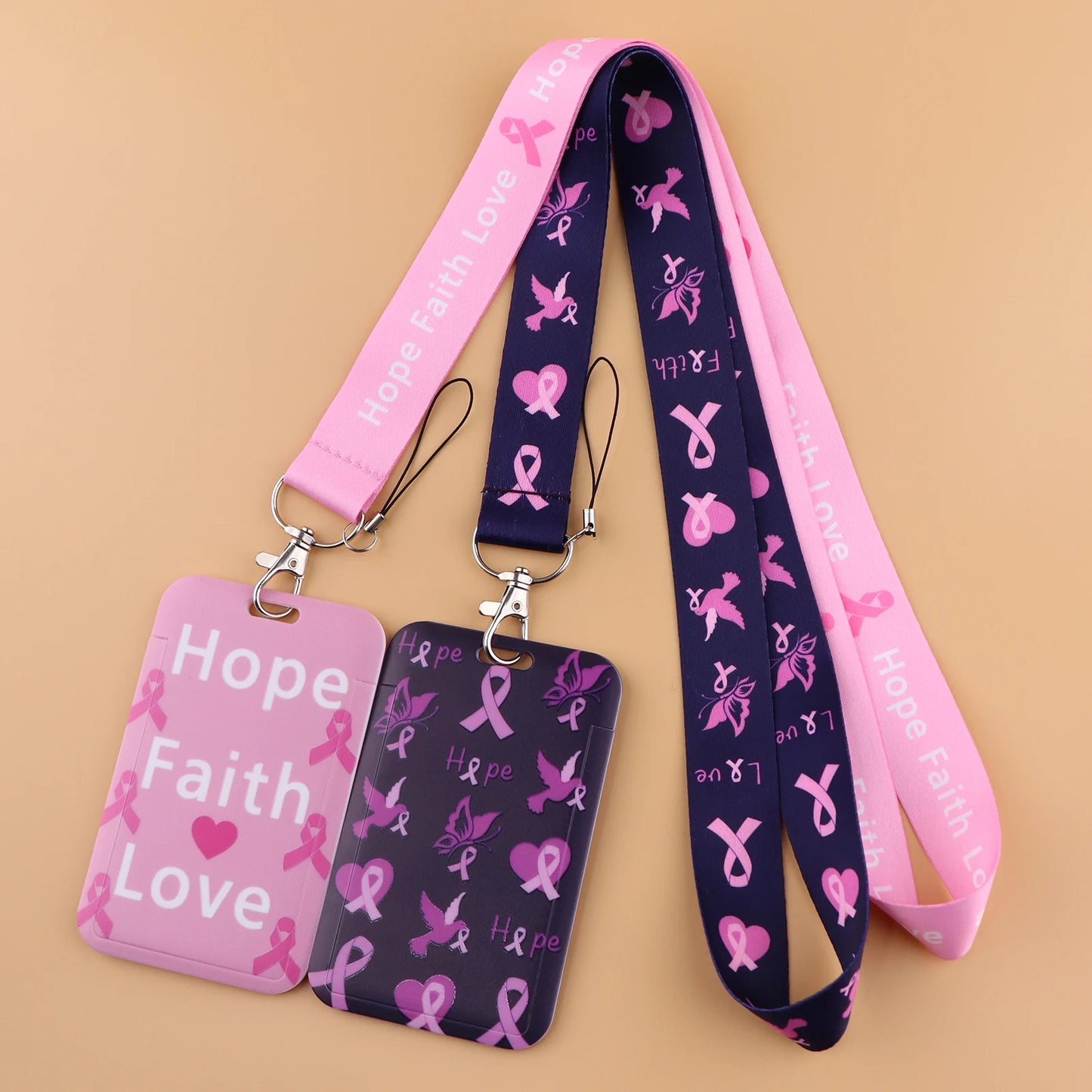 the LANYARD - Breast Cancer Awareness Symbols Card Holder Hope Faith Love Neck Strap Lanyards Keychain ID Credit Card Cover Hang Rope Lanyard