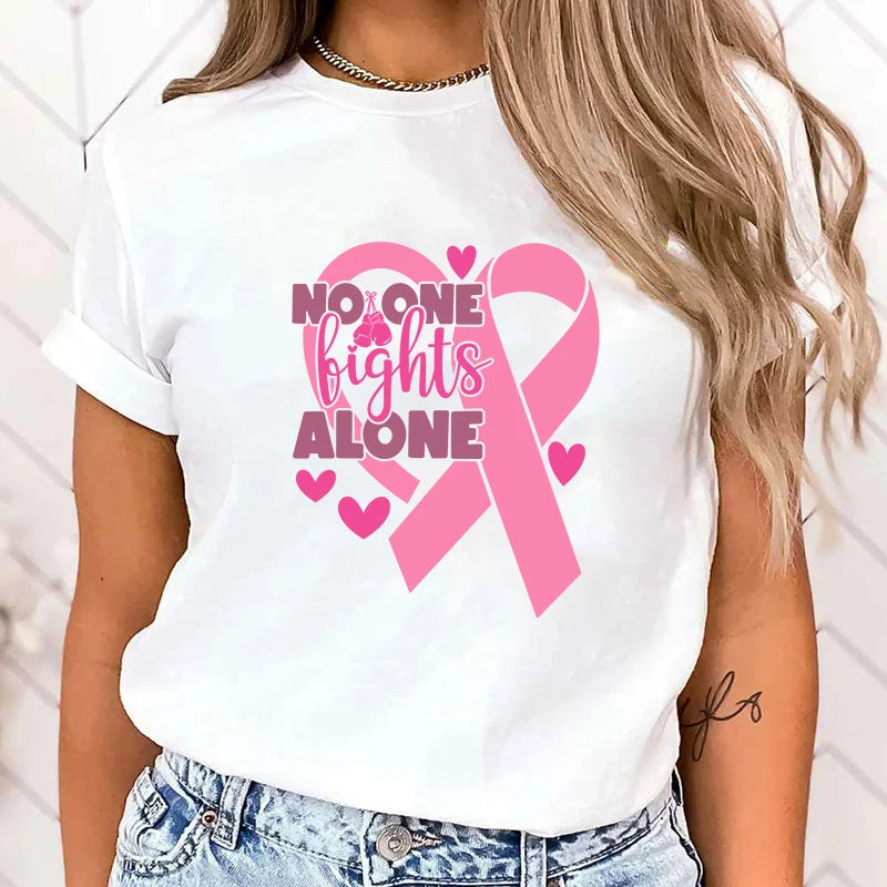 the NOONE FIGHTS ALONE - Funny Breast Cancer Awareness No One Fights Alone Letter Print T-Shirt Womans Casual Tops Summer Cool Tops