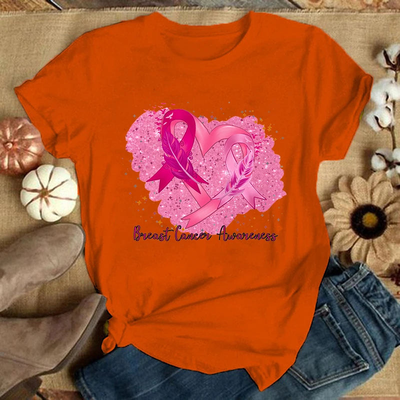 the GLITTER HEART - Breast Cancer Summer Graphic Casual Short Sleeve Round Neck T-Shirts