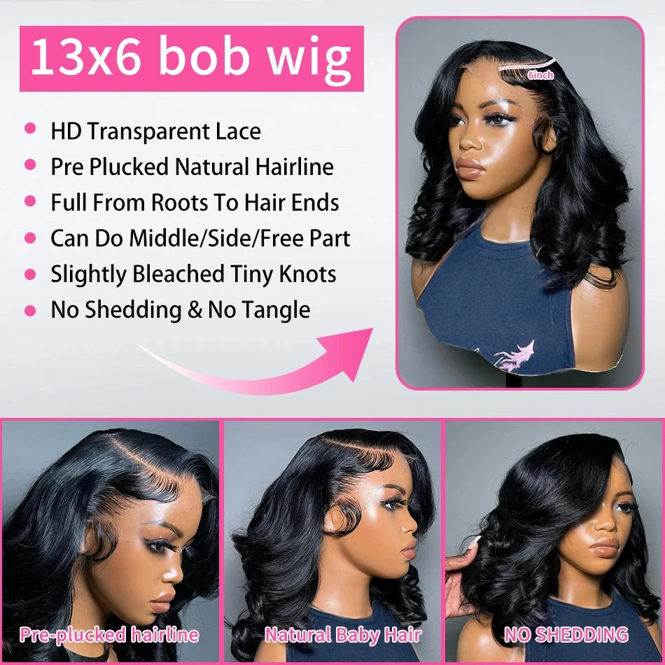 the BODY WAVE - Brazilian Body Wave Short Bob 13x4 13x6 HD Transparent Lace Front Human Hair Wigs, 5x5 High Density Pre-Plucked Lace Frontal Wig