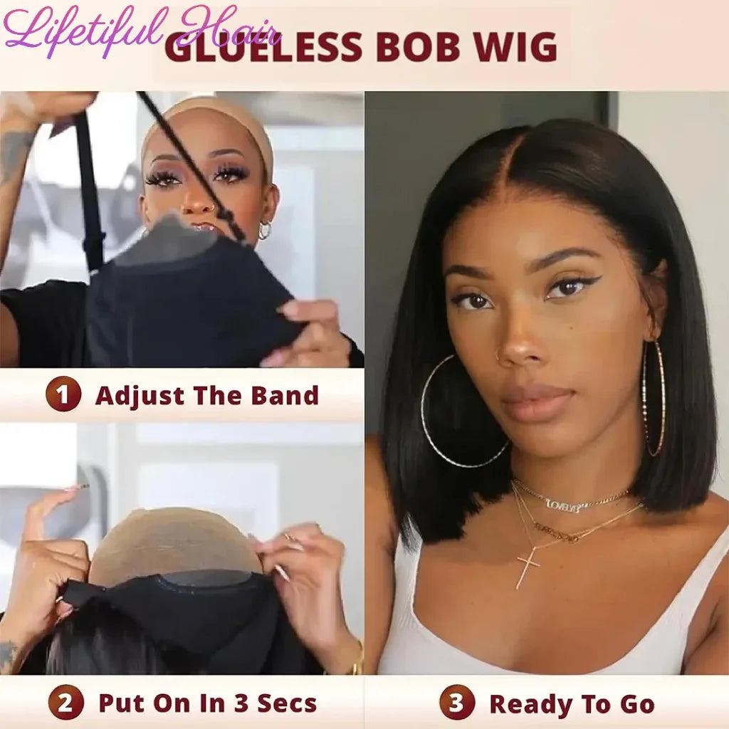 the CLEO - Glueless Bob Hair Wig, Human Hair Ready to Wear Straight Transparent 4x4 Lace Closure Wigs for Women, Glueless Wigs Human Hair