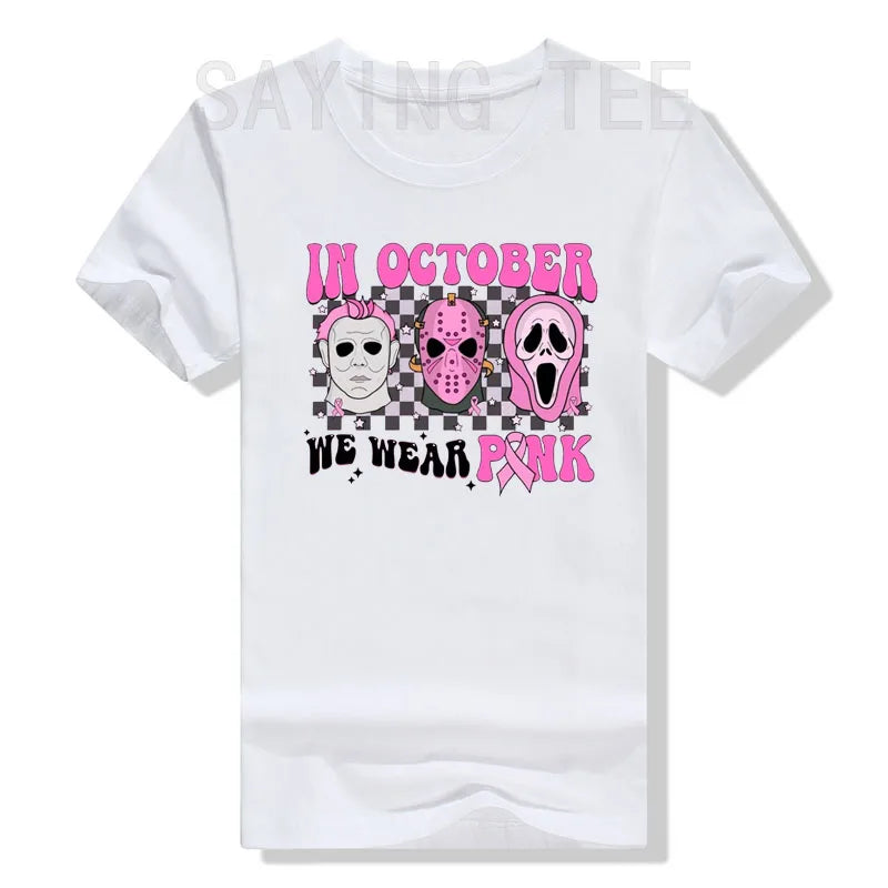 the SCARY MOVIE - Women Horror Movie Halloween Costume Gifts Pink Ribbon Breast Cancer Awareness T-Shirts Funny Novelty Graphic Short Sleeve Tops