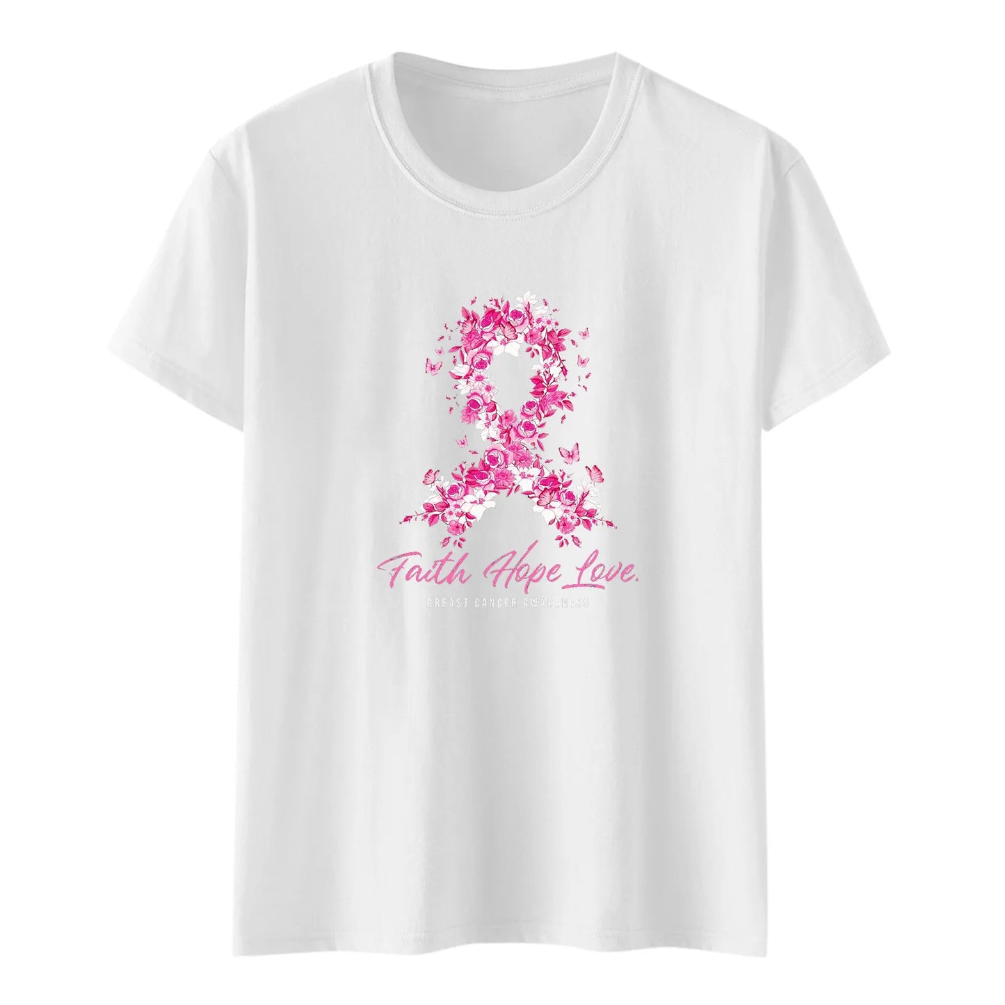 the FAITH HOPE LOVE - Ribbon Petal Print Pink Breast Cancer Awareness Graphic T-Shirts