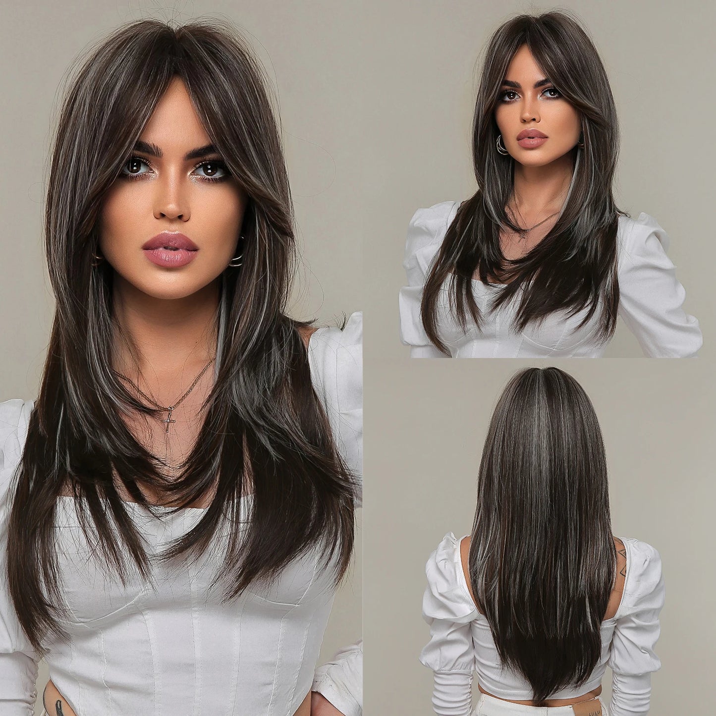 the MULAN - Shoulder Black Brown Layered Synthetic Natural Hair Wigs for Women, Straight Daily Women's Heat-Resistant Wig with Curtain Bangs
