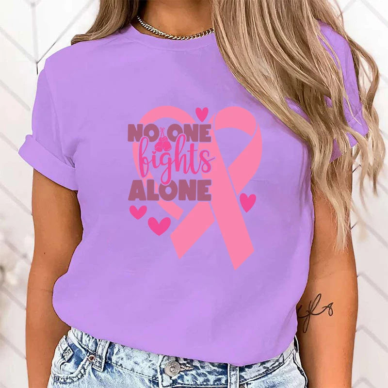 the NOONE FIGHTS ALONE - Funny Breast Cancer Awareness No One Fights Alone Letter Print T-Shirt Womans Casual Tops Summer Cool Tops