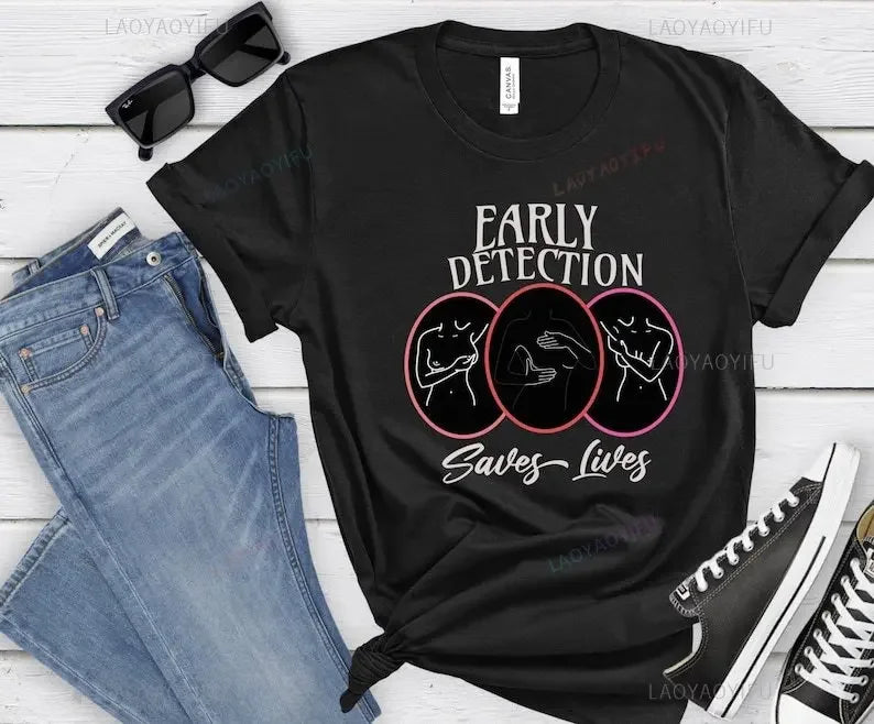 the EARLY DETECTION - Early Detection Saves Lives Cancer Survivor Cotton Woman T-Shirt Breast Cancer Awareness