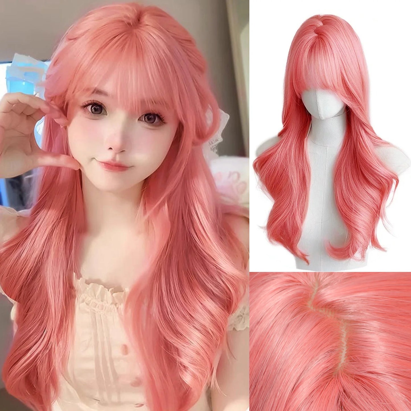 the PINKY - Orange/Pink Wig Long Wavy Synthetic Wigs, Middle Part Natural Wave Wig, Heat Resistant Cosplay Party Daily Hair Wig