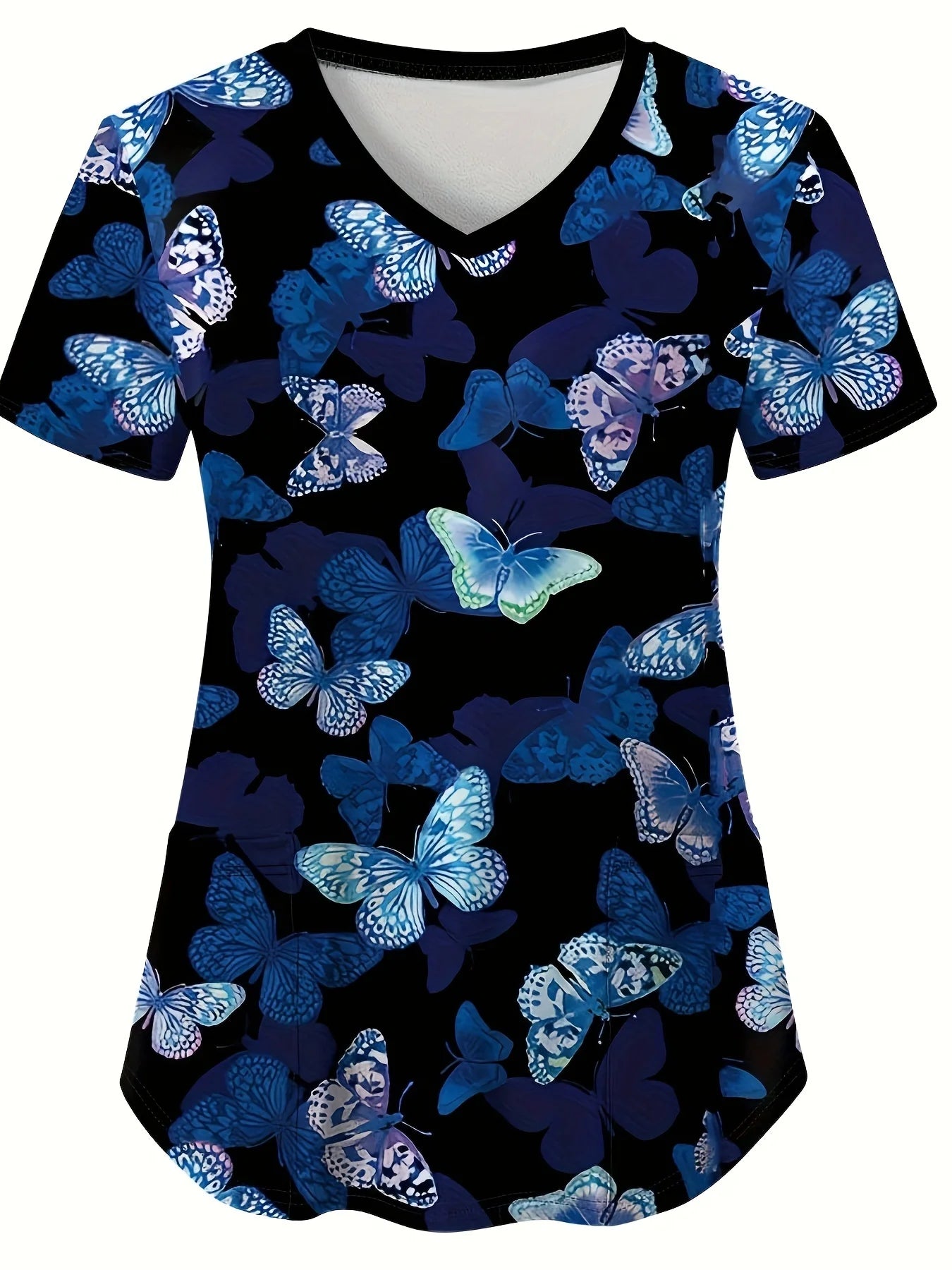 Scrub Medical Woman Elegant Butterfly Print Health Care Nursing V-Neck Short Sleeve Patch Pocket Tops Medical Uniform for Women