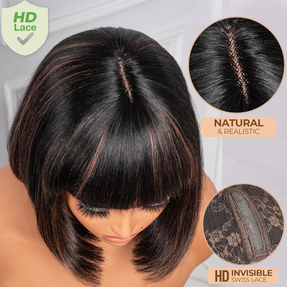 the REBECCA - Highlight Blonde Short BOB 3x1 Lace Glueless Human Hair Wig, Ready To Go Brazilian 1b/30 Straight Bob Bone With Bangs For Women