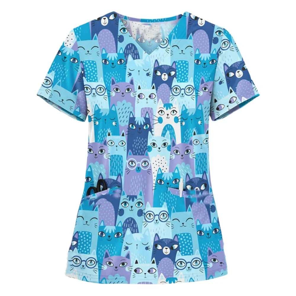 Wholesalers Clinical Uniform Woman Cat Cartoon Print Vet Nursing Tops V-Neck Short Sleeve with Pockets Tees Nurse Uniform Woman