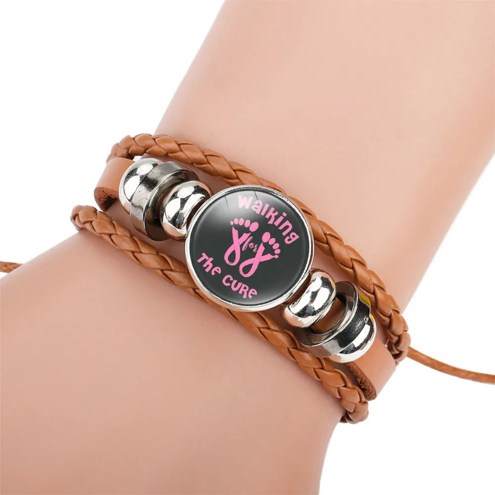 the ROPER - Breast Cancer Awareness Hope Bracelet for Women, Pink Ribbon Charm Braided Leather Rope Wrap Bangle Fashion handmade Jewelry