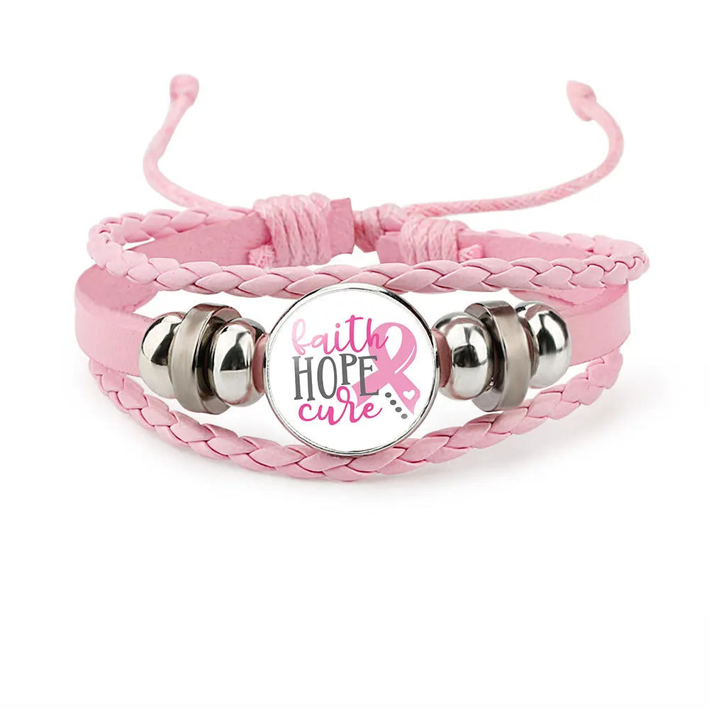 the ROPER - Breast Cancer Awareness Hope Bracelet for Women, Pink Ribbon Charm Braided Leather Rope Wrap Bangle Fashion handmade Jewelry