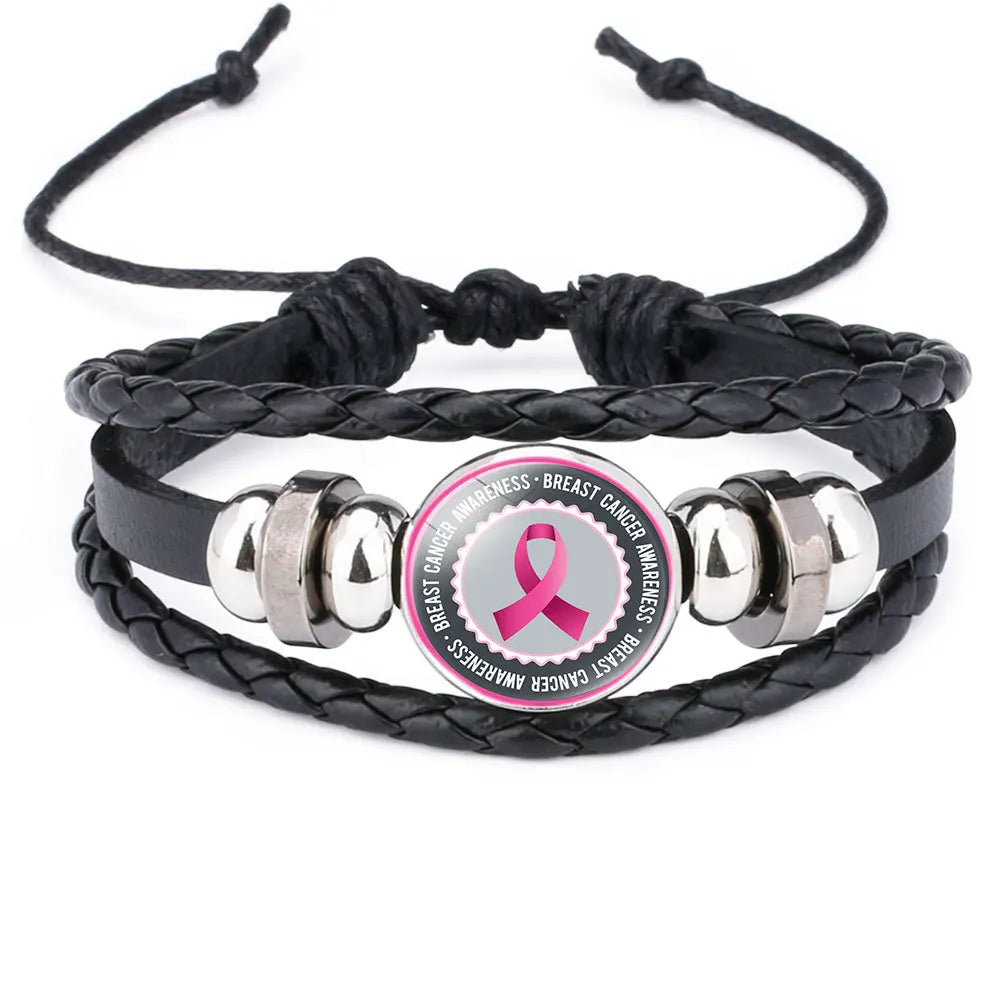 the ROPER - Breast Cancer Awareness Hope Bracelet for Women, Pink Ribbon Charm Braided Leather Rope Wrap Bangle Fashion handmade Jewelry