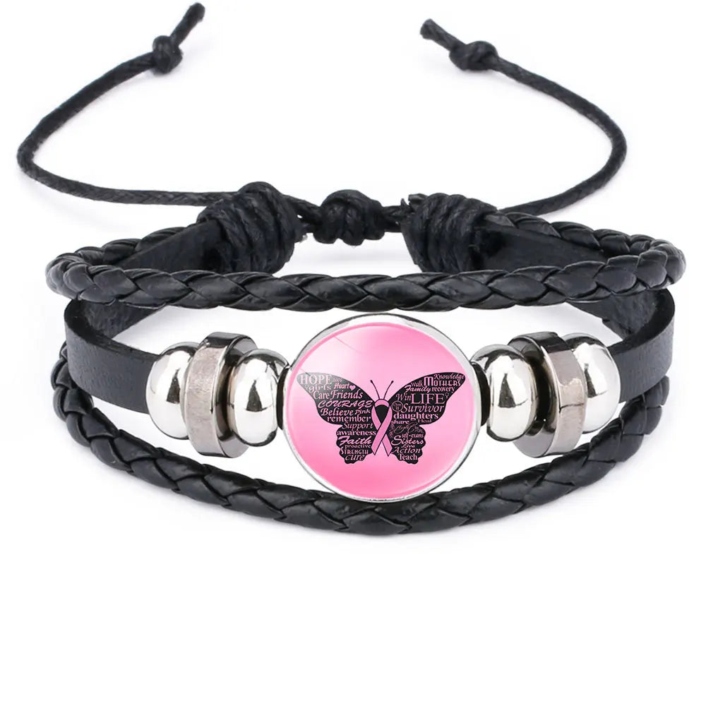 the ROPER - Breast Cancer Awareness Hope Bracelet for Women, Pink Ribbon Charm Braided Leather Rope Wrap Bangle Fashion handmade Jewelry