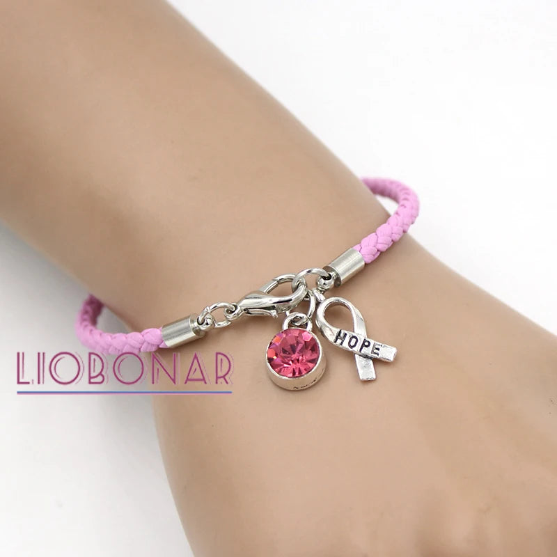 the HOPE FLOATS - New Arrival Breast Cancer Awareness Bracelet Jewelry, Pink Leather Hope Ribbon Charm Bracelets for Cancer Foundation Gift