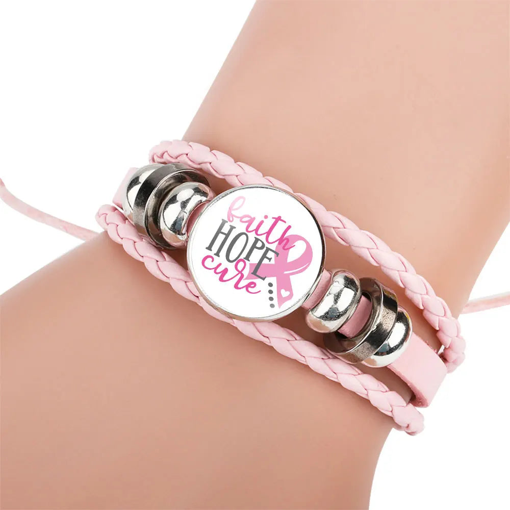 the ROPER - Breast Cancer Awareness Hope Bracelet for Women, Pink Ribbon Charm Braided Leather Rope Wrap Bangle Fashion handmade Jewelry