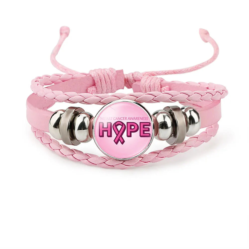 the ROPER - Breast Cancer Awareness Hope Bracelet for Women, Pink Ribbon Charm Braided Leather Rope Wrap Bangle Fashion handmade Jewelry