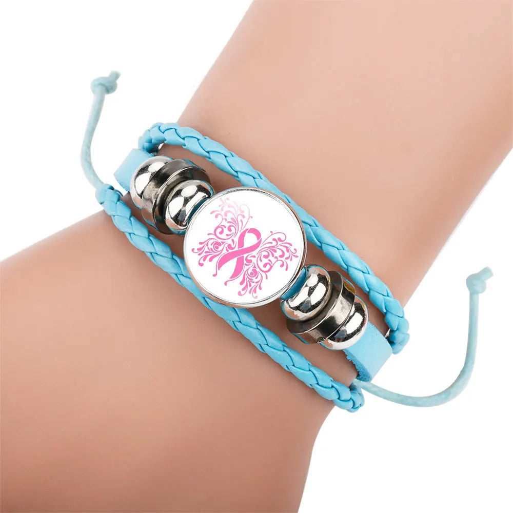 the ROPER - Breast Cancer Awareness Hope Bracelet for Women, Pink Ribbon Charm Braided Leather Rope Wrap Bangle Fashion handmade Jewelry