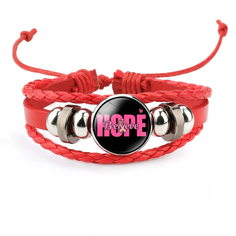 the ROPER - Breast Cancer Awareness Hope Bracelet for Women, Pink Ribbon Charm Braided Leather Rope Wrap Bangle Fashion handmade Jewelry