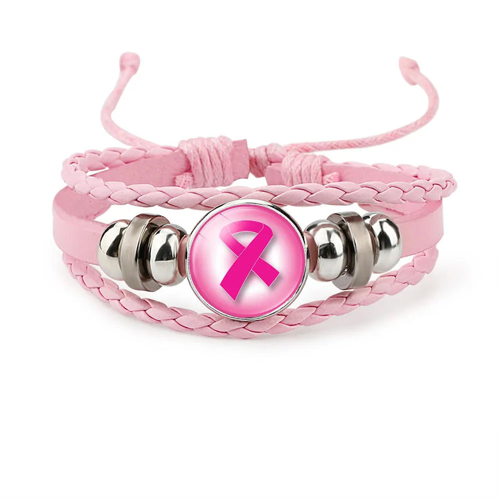the ROPER - Breast Cancer Awareness Hope Bracelet for Women, Pink Ribbon Charm Braided Leather Rope Wrap Bangle Fashion handmade Jewelry