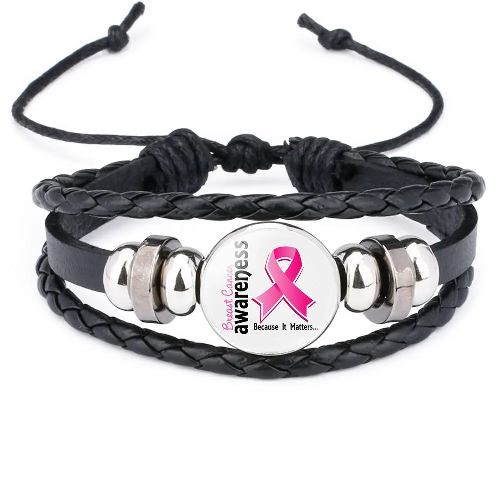 the ROPER - Breast Cancer Awareness Hope Bracelet for Women, Pink Ribbon Charm Braided Leather Rope Wrap Bangle Fashion handmade Jewelry