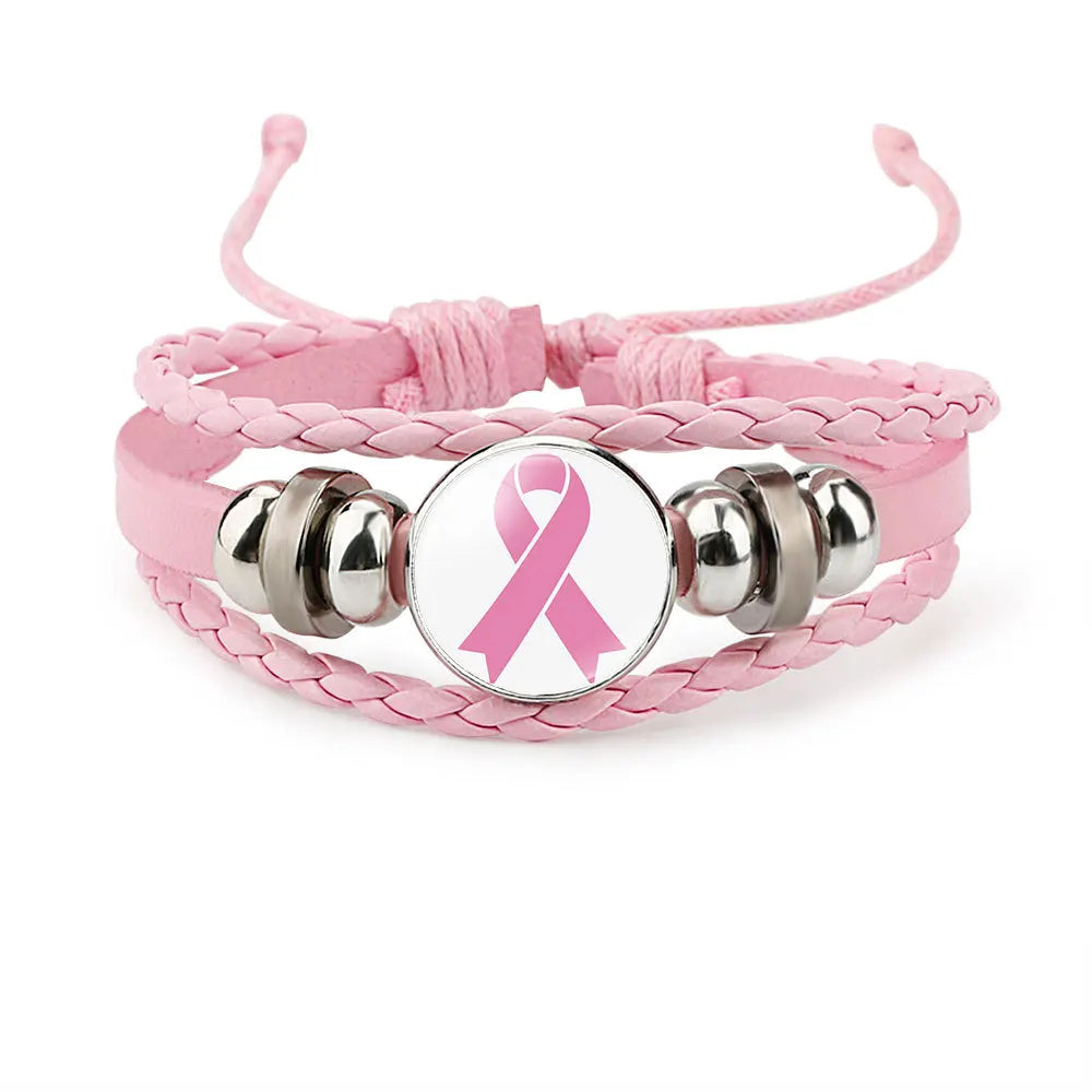 the ROPER - Breast Cancer Awareness Hope Bracelet for Women, Pink Ribbon Charm Braided Leather Rope Wrap Bangle Fashion handmade Jewelry