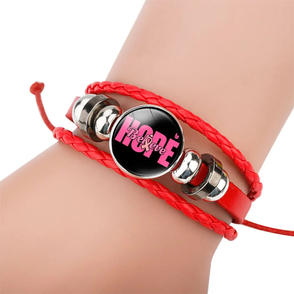 the ROPER - Breast Cancer Awareness Hope Bracelet for Women, Pink Ribbon Charm Braided Leather Rope Wrap Bangle Fashion handmade Jewelry