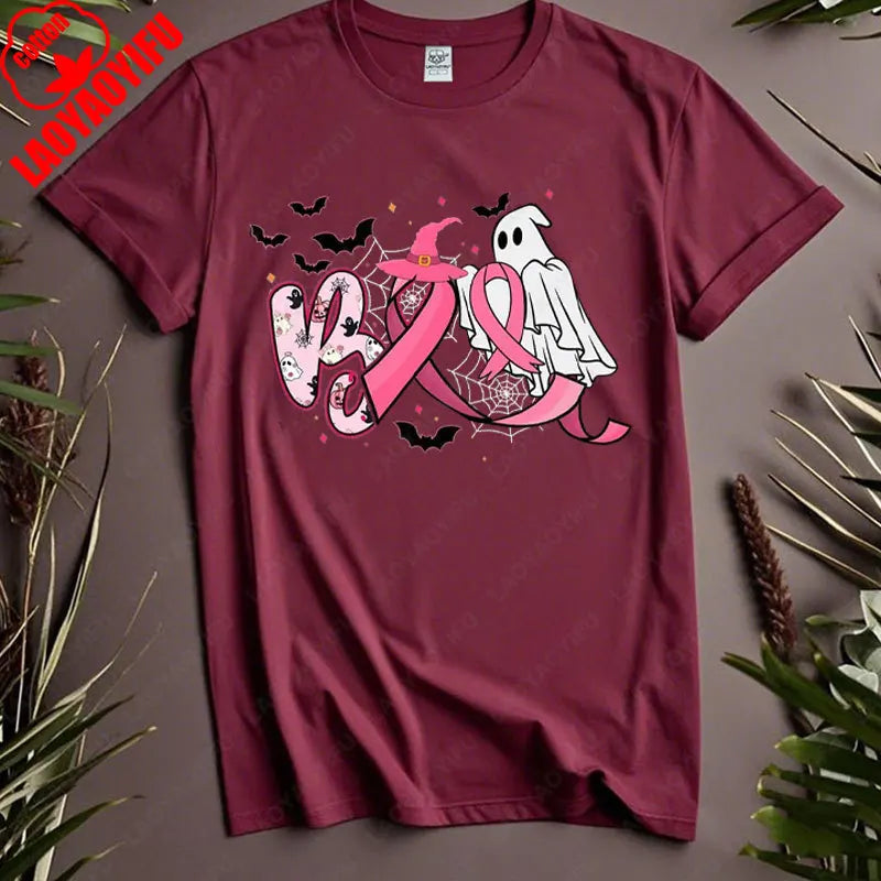 Boo Halloween Pumpkin Ghost Tee Men Women Cotton Tops in October We Wear Pink Ribbon Witch Roupas Breast Cancer Awareness Tshirt