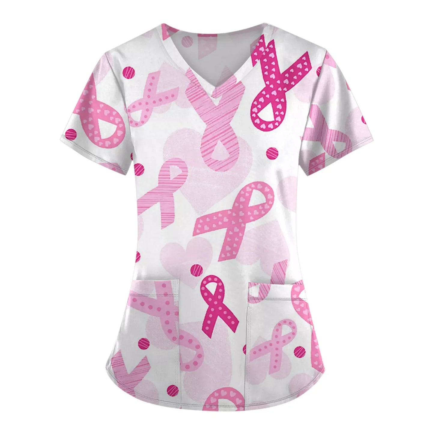 Surgical Uniforms Woman Pink Ribbon Print Heal Nurse Tops V-Neck Short Sleeve Patch Pocket Cancer Fighter Clinical Uniform Woman