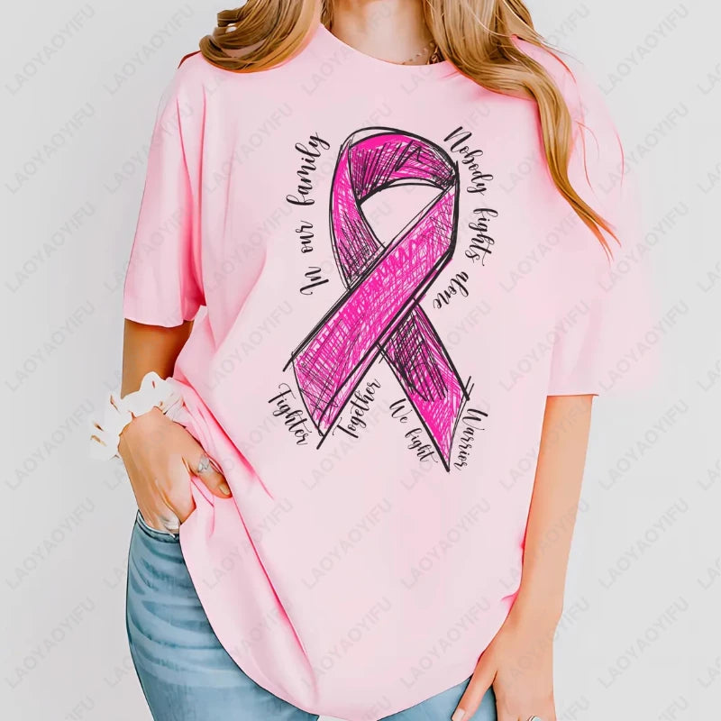 Fashion Breast Cancer Cotton Shirt Pink Breast Cancer Awareness T-Shirt Supporter Crew Tees Retro Cotton Woman Short-sleeve Tops