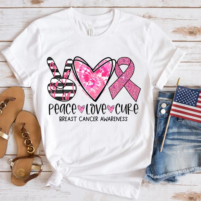 the PEACE LOVE CURE - Breast Cancer Awareness T-Shirt for Women