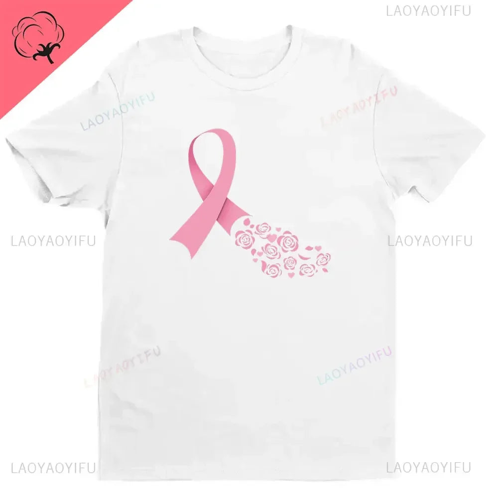 Breast Cancer Awareness Fight Print T Shirt in October We Wear Pink Awareness Ribbon Aesthetic Clothes Pink and White Tops Shirt