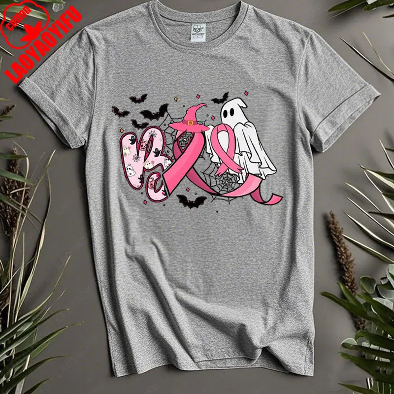 Boo Halloween Pumpkin Ghost Tee Men Women Cotton Tops in October We Wear Pink Ribbon Witch Roupas Breast Cancer Awareness Tshirt