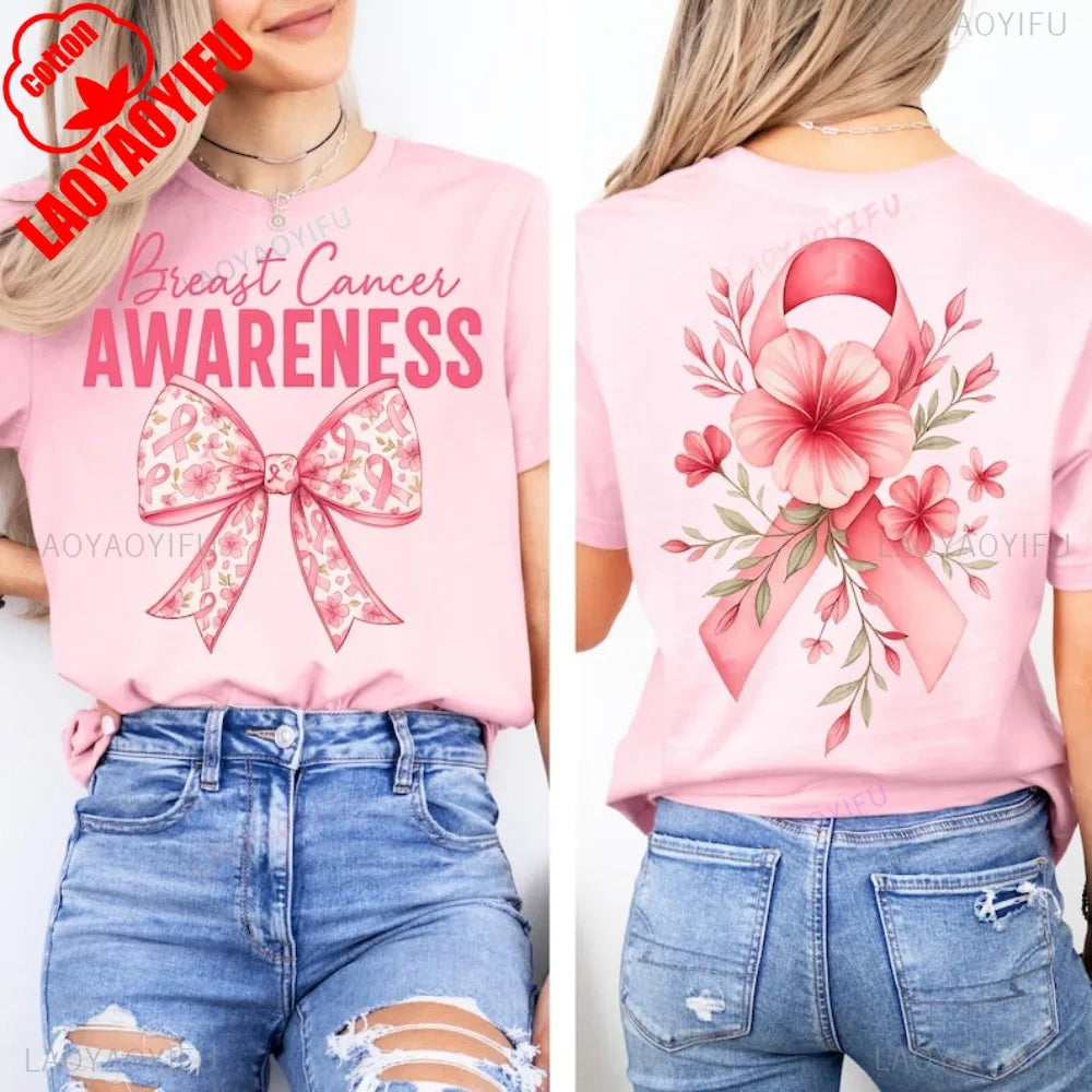 Floral Coquette Breast Cancer Tshirt Fight Breast Cancer Women Motivational Clothing Cancer Awareness Pink Ribbon Printed Tee