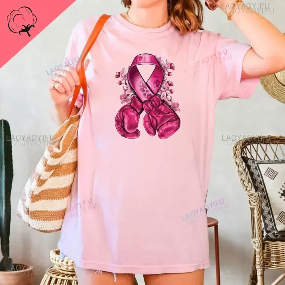 Caring for Women Breast Cancer T-shirt October Pink Ribbon Breast Cancer Awareness Themed Printed Tee Gift for Moms Daughters