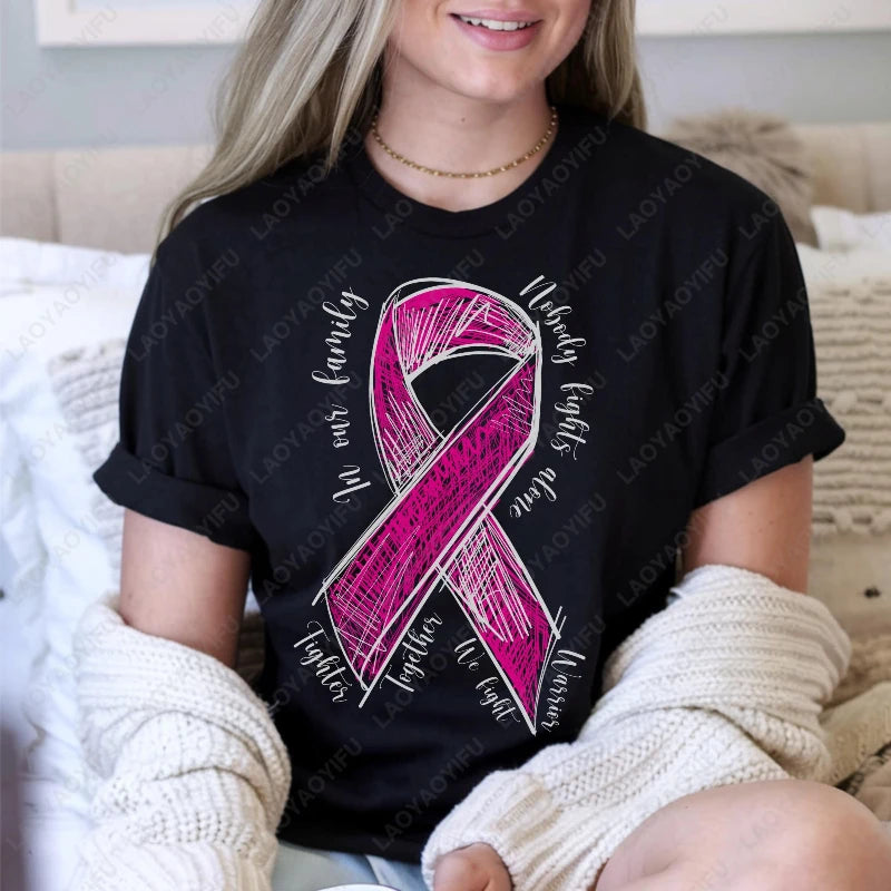 Fashion Breast Cancer Cotton Shirt Pink Breast Cancer Awareness T-Shirt Supporter Crew Tees Retro Cotton Woman Short-sleeve Tops