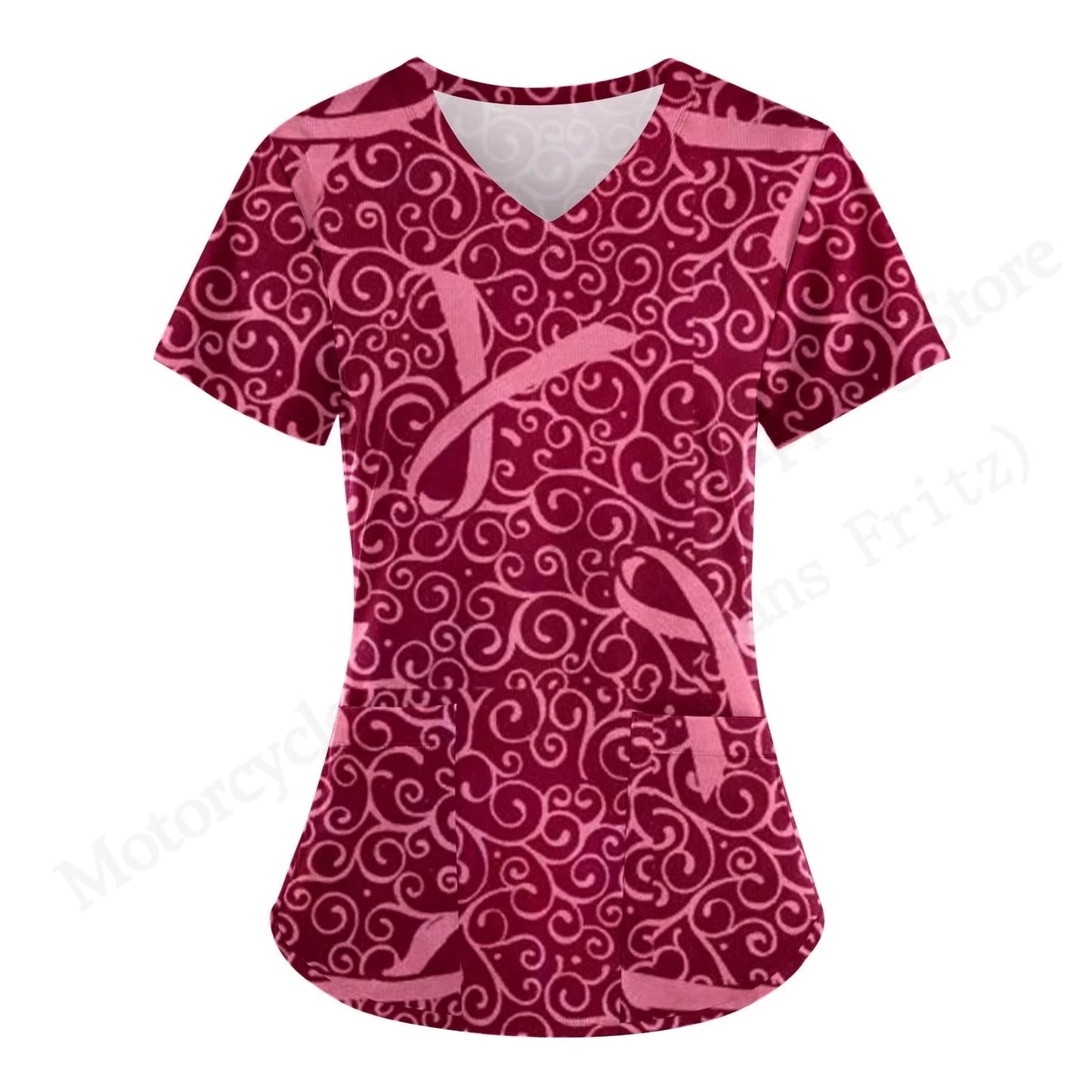Love Nurse Uniform Scrubs Medical Uniform Pink Ribbon 3D Print V-Neck Pocket Short Sleeve Medical Uniforms Working Clothes New
