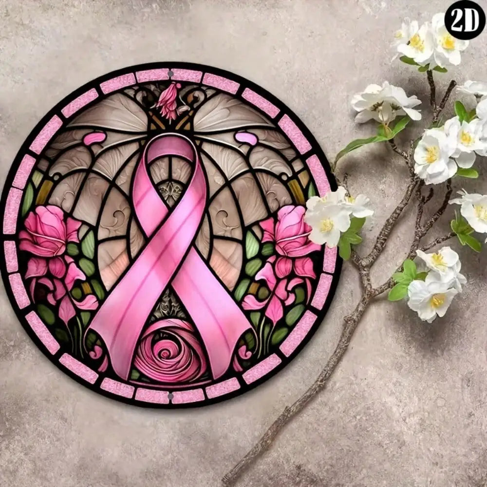 1pc 8"x8" Round Aluminum Breast Cancer Awareness Sign - Pink Ribbon Wreath Design, Perfect Decor for Home/Kitchen/Garden/Office