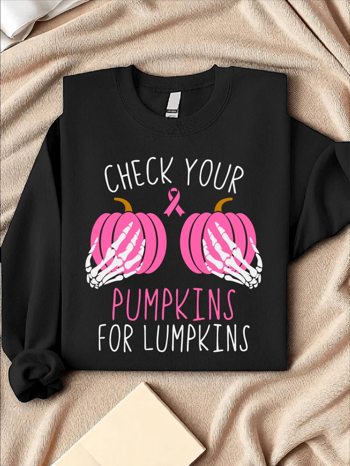 Halloween Breast Cancer Sweatshirt Awareness Sweater Check Your Pumpkins For Lumpkins Pink Ribbon Gift Breast Fighter Outfit