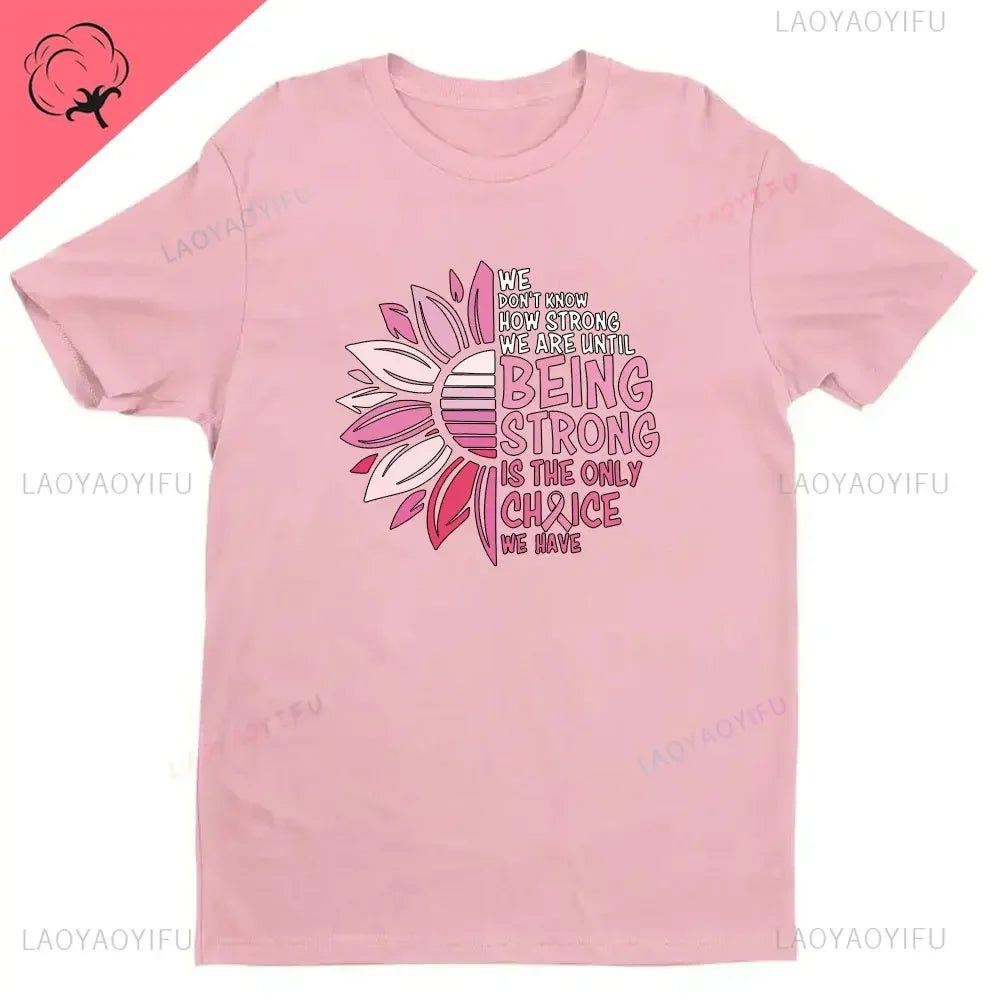 Breast Cancer Awareness Fight Print T Shirt in October We Wear Pink Awareness Ribbon Aesthetic Clothes Pink and White Tops Shirt