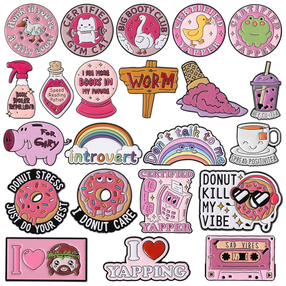 the PINK LADY - Cartoon Pink Cat Enamel Pins Custom Certified GYM Cat, Big Booty Club Brooch Cute Spray Rainbow Doughnut Lapel Badges Jewelry