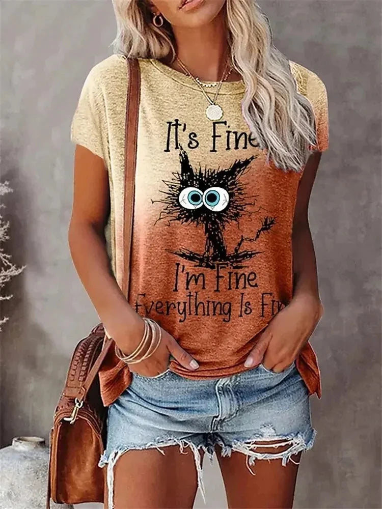 the I'M FINE - 3D Print T-Shirts Women Streetwear Summer Cartoon Cats Fine, Casual Fashion Short Sleeve T Shirt O-neck Tees Tops Clothing