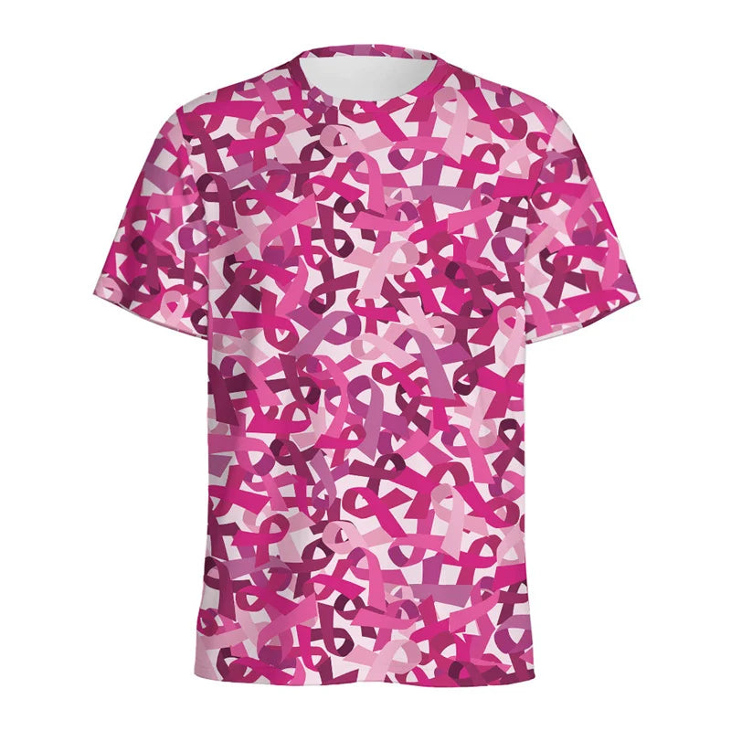 Breast Cancer Awareness 3D Printed T Shirt Women Fashion Pink Ribbon Pattern T-Shirt Loose Short Sleeves Round Neck Tee Shirts