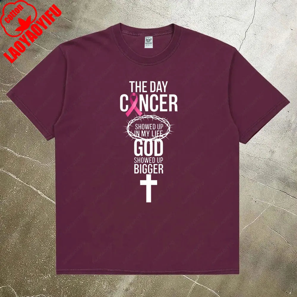 the GOD SHOWED UP - Breast Cancer Awareness Women Shirt, Breast Cancer Awareness God Showed Up Bigger Christian Quote T-Shirts Tops