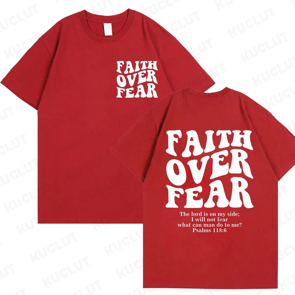 the FAITH OVER FEAR - Christian Women T-Shirts, Christian Clothes, Jesus Fashion Trendy T-Shirts Bible Verse Sportwear Aesthetic Clothes