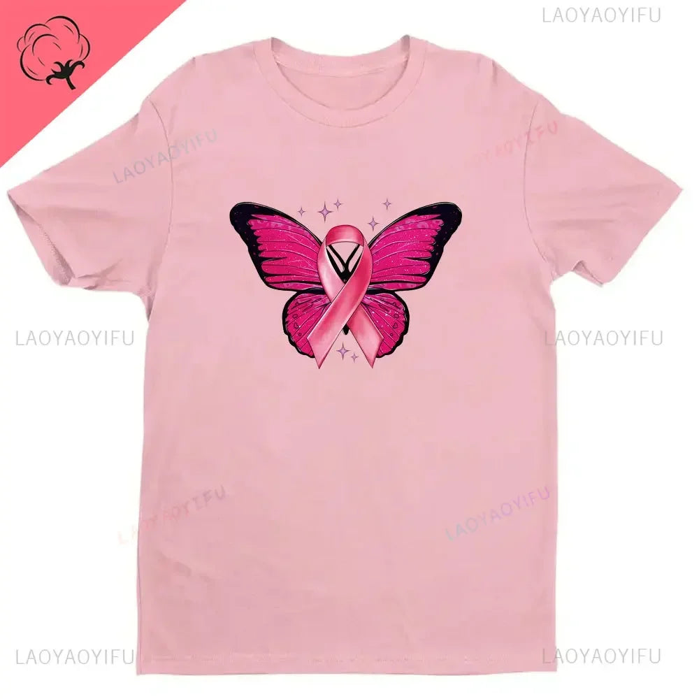 Breast Cancer Awareness Fight Print T Shirt in October We Wear Pink Awareness Ribbon Aesthetic Clothes Pink and White Tops Shirt